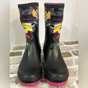 Joules Molly Mid-Height Rain Boots Black Pink Floral Wellington Wellie